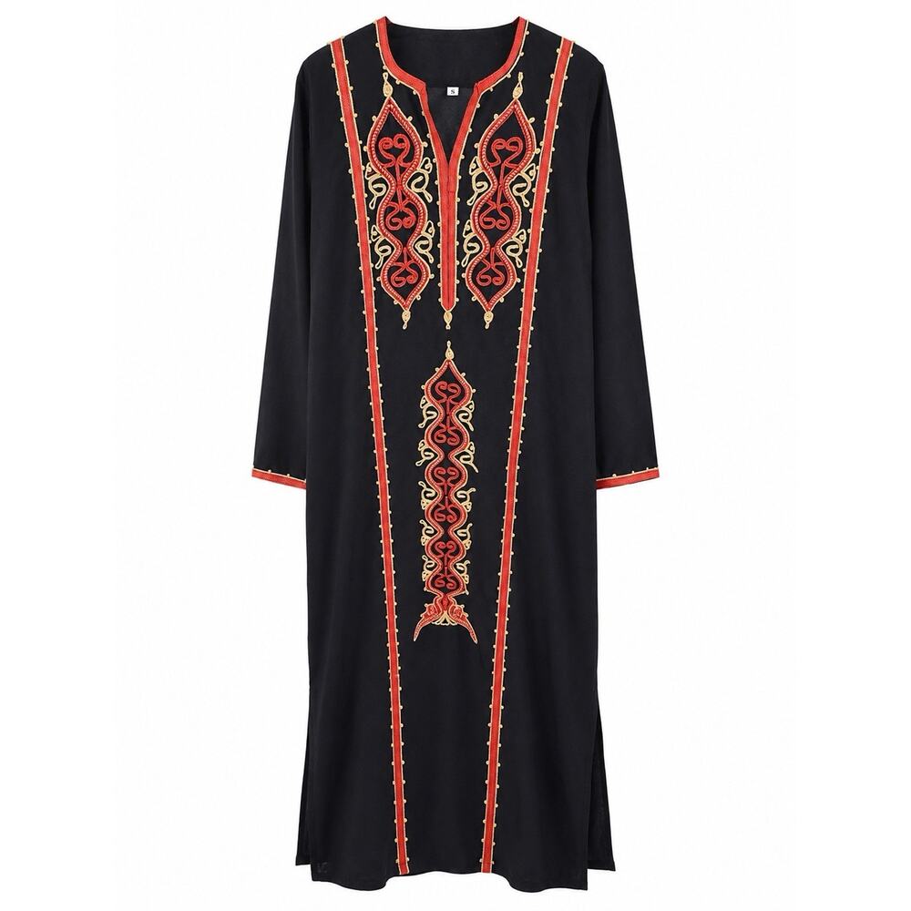 Vintage Embroidered Boho Kaftan Dress Black Red Gold Rope Trim Cotton Blend Sz S